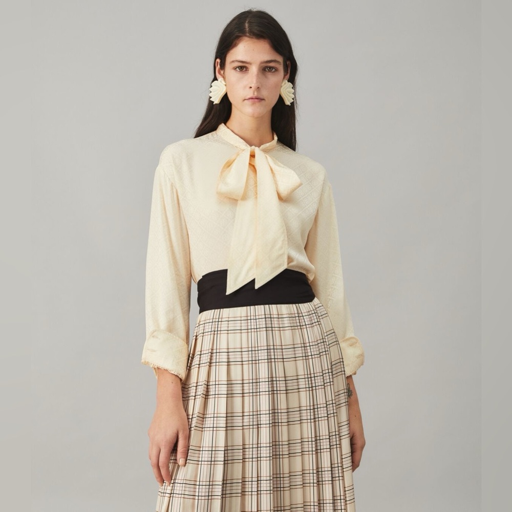 NWT $478 Tory Burch Satin Jacquard Bow Silk Blouse Top - Picture 2 of 6